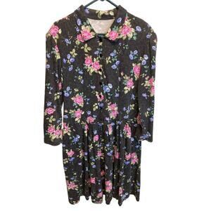 Vintage Handmade Floral Button Up Long Sleeve Cottage Midi Dress Size M/L
